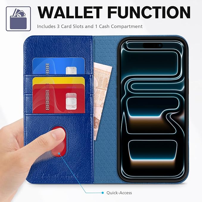 TUCCH Wallet Case for iPhone 17 Pro Max (6.9") 2025, 3 Credit Card Holders, RFID Blocking, Stand, PU Leather, Shockproof TPU Interior Shell, Protective Flip Folio Cover, Klein Blue