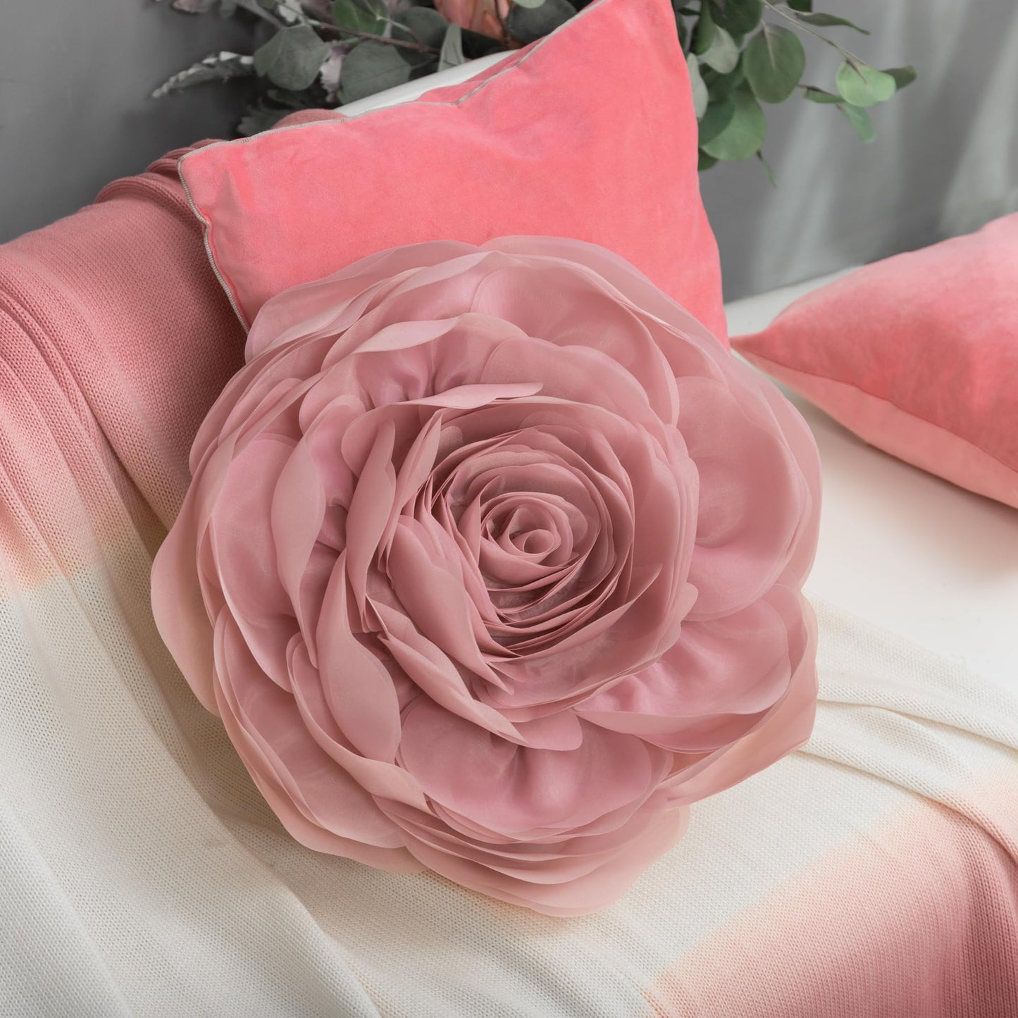 JWH Stereo Flower Throw Pillow Covers Aesthetic Decorative Floral Accent Pillow Cases Round Cushion Handmade Pillowcase for Bedroom Bed Couch Chair Car 12 Inch Dusty Pink