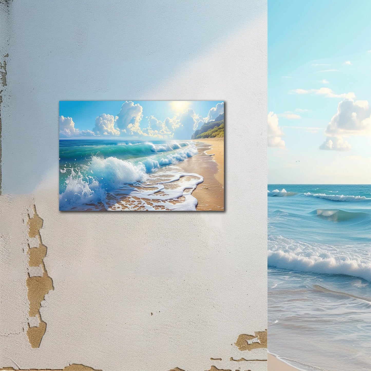 Bathroom Decor Wall Art, Blue Beach Picture Ocean Theme Canvas Prints Wall Art, Modern Coastal Seascape Painting Framed Seaside Artwork, Sunny Beach Ocean Landscape for Home Bedroom Office 12x18 Inch