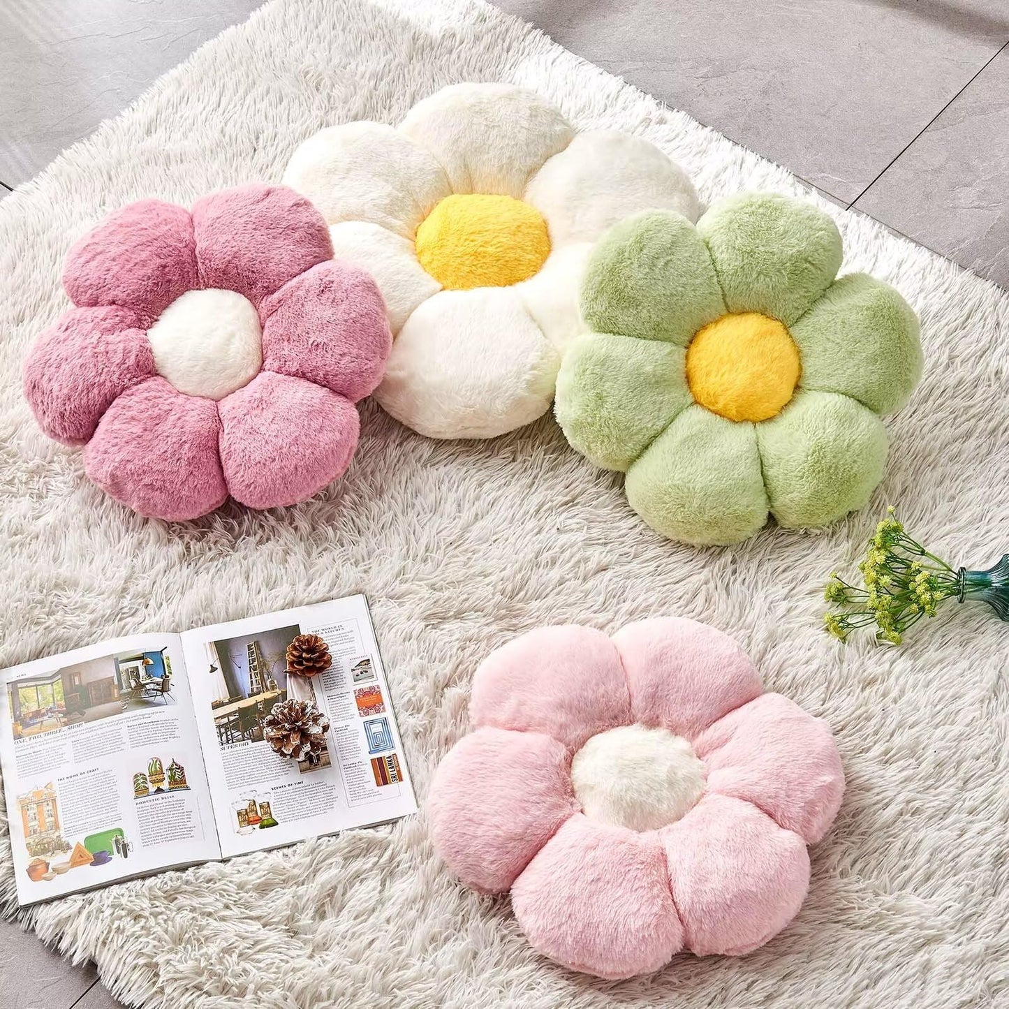 Kcvvcr Green Flower Shaped Throw Pillow with Faux Rabbit Fur, 14.9" Soft Plush Throw Pillow for Bedroom Living Room