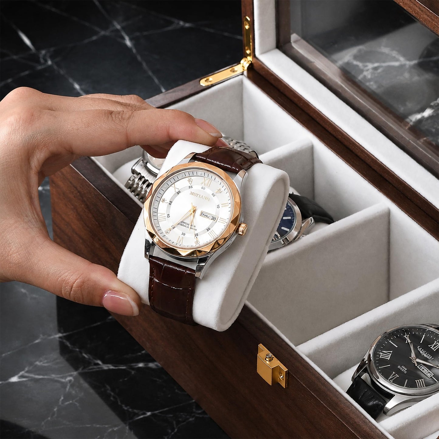 Solid Black Walnut Watch Box, 6 Slot Wooden Watch Organizer with Glass Lid, High-End Watch Display Case Jewelry Storage Box, Gift for Husband, Dad, Birthday, Anniversary, Father’s Day, Men and Women