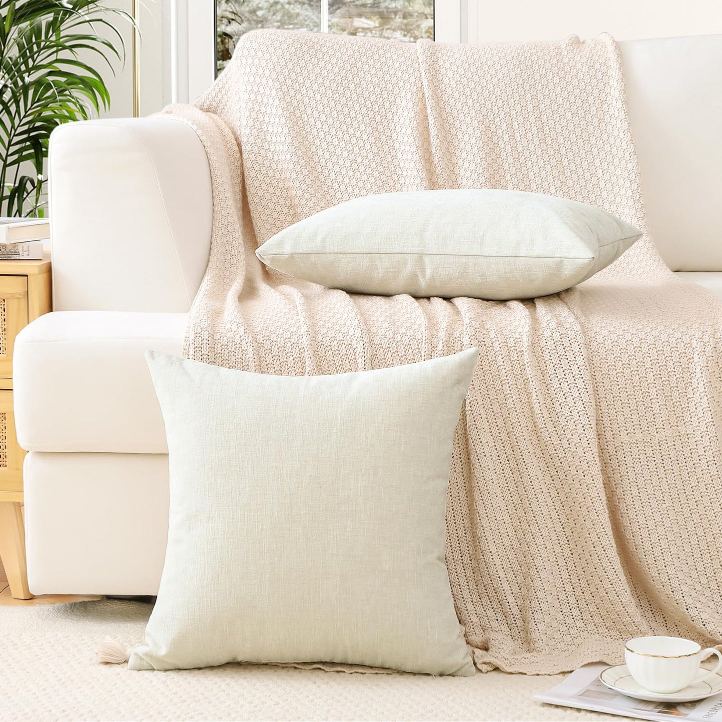 OTOSTAR Pack of 2 Throw Pillow Covers 24x24 Inch Soft Chenille Cream White Farmhouse Decorative Pillow Covers Solid Cushion Case for Sofa Bed Living Room Couch (Cream White)