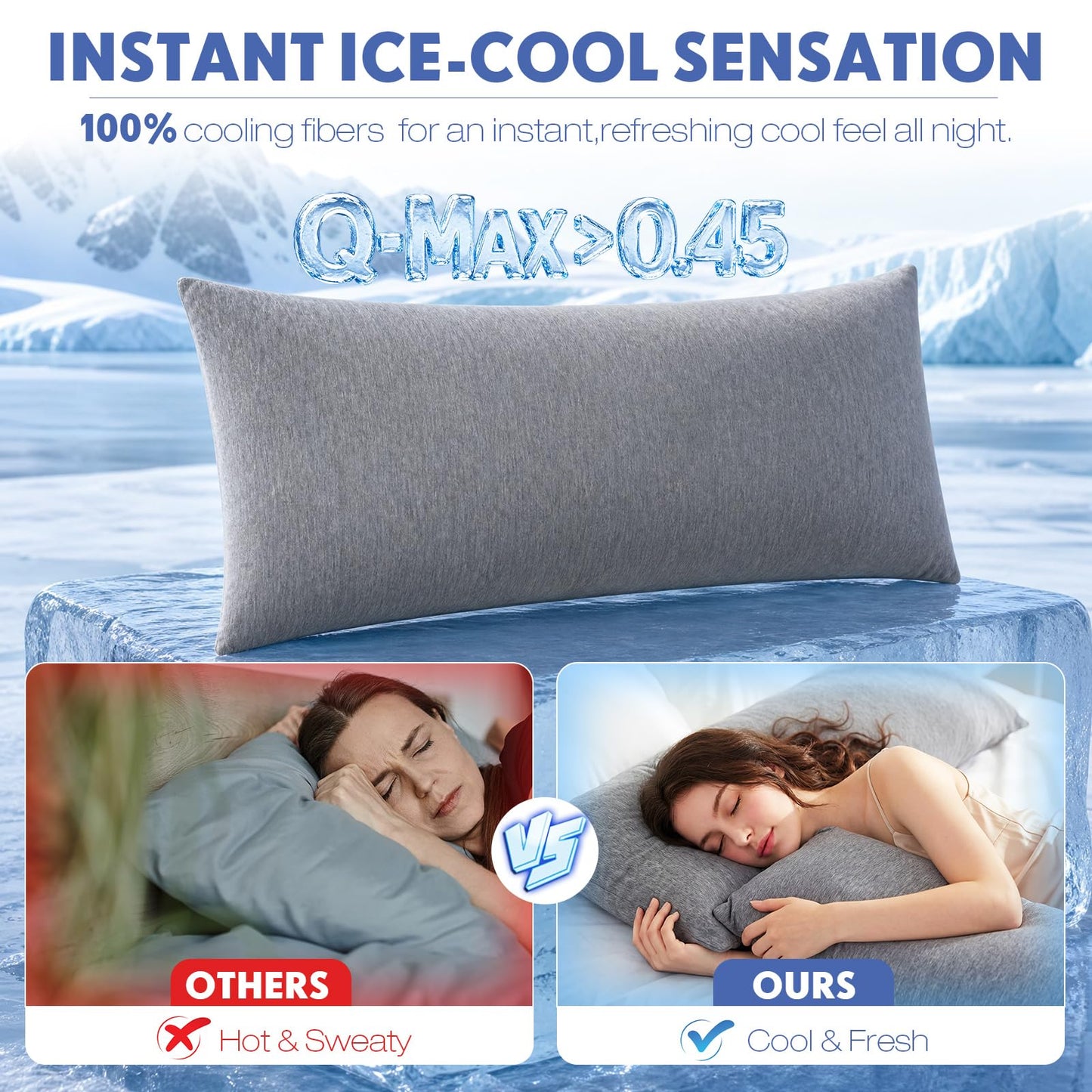 Tudomro 2 Pack Cooling Body Pillow Cases for Hot Sleepers, 20 x 54 Inch Long Cooling Pillow Covers with Hidden Zipper, Soft Breathable Cool to Touch Pillowcases for Night Sweats(Grey)