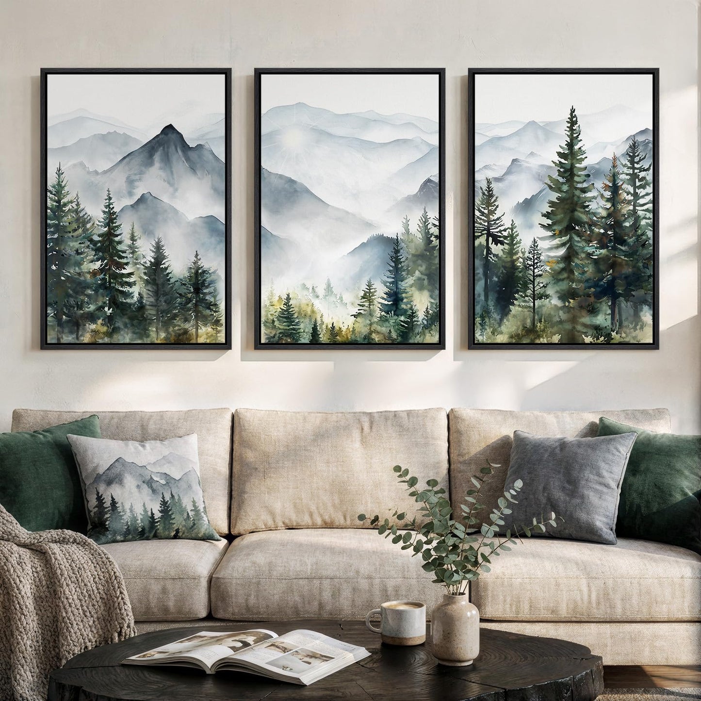 Framed Mountain Landscape Wall Art Bedroom, 3 Piece Nature Foggy Forest Canvas Print Artwork for Walls, Scenic Pine Tree Paintings Pictures Wall Art Decor for Living Room Hallway, 16x24 Inch