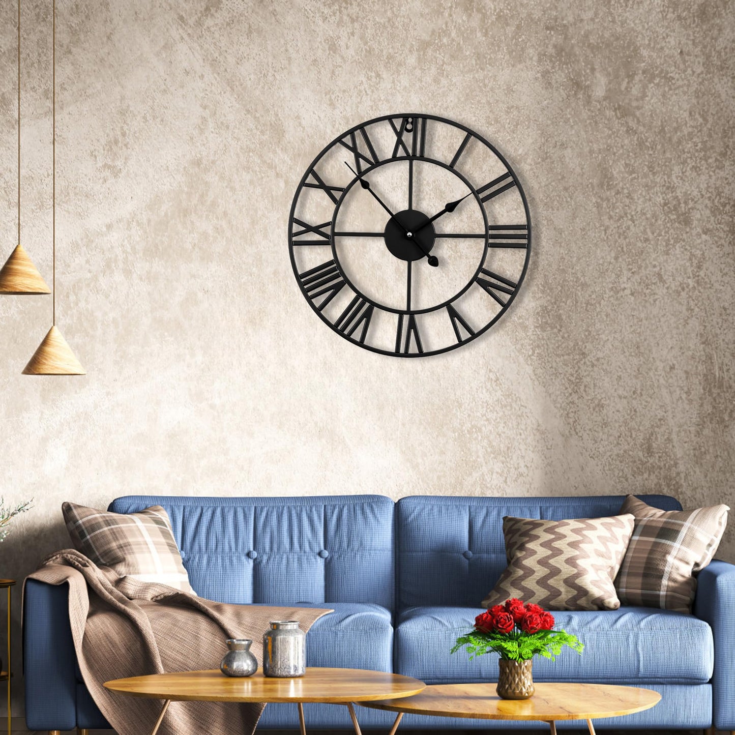 Blorple 20inch/50cm Large Wall Clocks for Living Room Decor,Modern,Battery Operated,Silent,Non Ticking,Big Black Round wall Clock for Home,Farmhouse,Office,Decoration(Iron Roman Numerals, 20 inches)