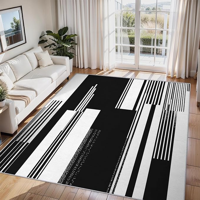 Black and White Stripe Rugs for Home Decor, 5x6 ft, Modern Stripes Area Rugs for Living Room, Soft Non Slip Washable Abstract Striped Carpet Bedroom Decorations Dt-Ghf-31