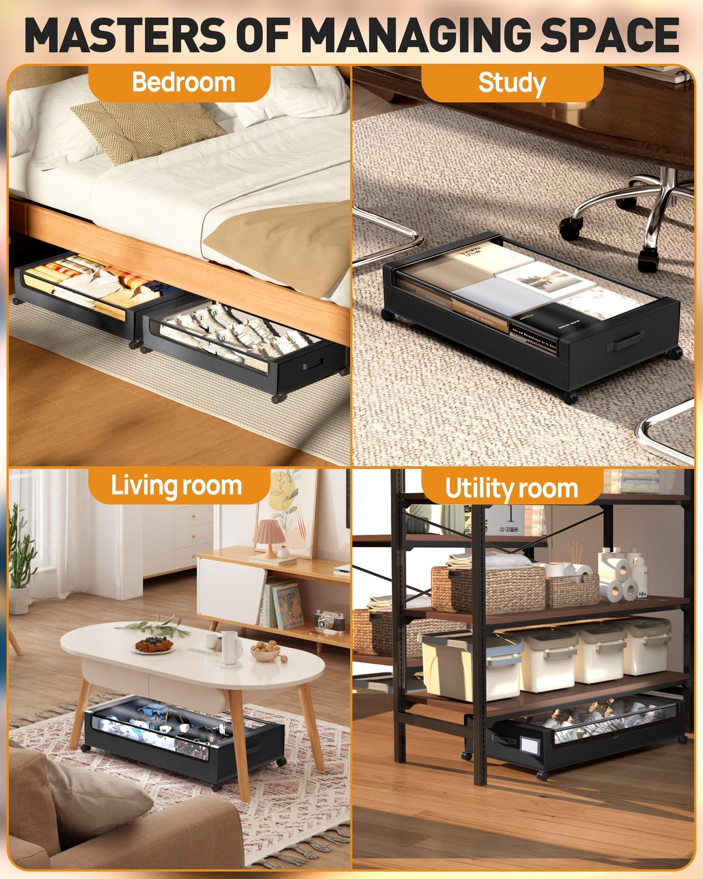 YEEBONIX Under Bed Storage With Wheels, 2 Pack Square Containers, 60L Bins, Rolling Metal Drawer for Clothes, Blankets, Shoes