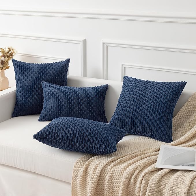Kevin Textile Set of 2 Pillow Covers Solid Supersoft Corduroy Handmade Decorative Velvet Throw Pillow Cushion Cover for Bed 12x20 Inch Navy Blue