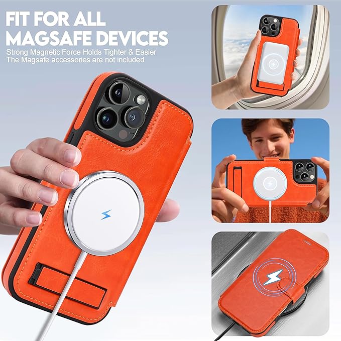 CIVICASE for iPhone 13 Pro Max Wallet Case with Stand,PU Leather Flip Credit Card Holder Slots (RFID Blocking),Compatible with Magsafe Magnetic Holder Phone Cover Women Men,Orange