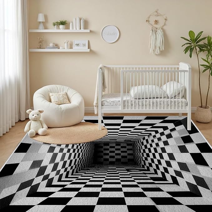 Optical Illusion Rug - Black and White Rug for Living Room, Soft Ultra Soft Faux Wool 4x6 Area Rugs Floor Mats, Non Slip&Non-Shedding Low Pile Checkered Washable Rugs, Abstract Geometric Carpet