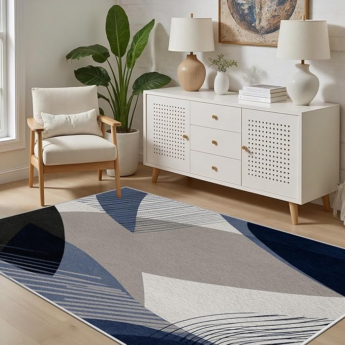 Abstract Art Line Living Room Area Rugs 3x4, Modern Boho Geometric Print Soft Rug, Minimalist Washable Non Slip Neutral Carpet for Bedroom, Dining Room Office Playroom, Navy Blue Gray