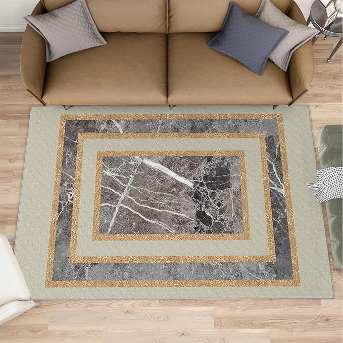 Light Luxury Marble Area Rugs Gilded Stripe Geometry Area Carpet Abstract Marble Texture Rug Stone Crack Carpet for Living Room Study Bedroom 7x9ft