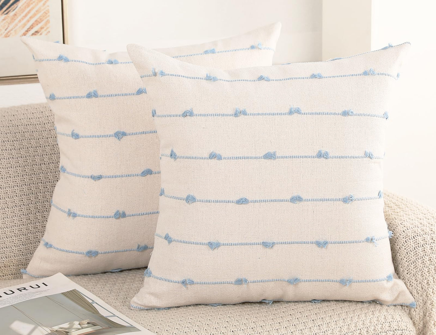 NUYECY Set of 2 Boho Throw Pillow Covers 16x16,Light Blue and White Neutral Couch Pillow Case with Tassel Fringe Decorative,Modern Accent Farmhouse Cushion Covers for Sofa Couch Bed Living Room