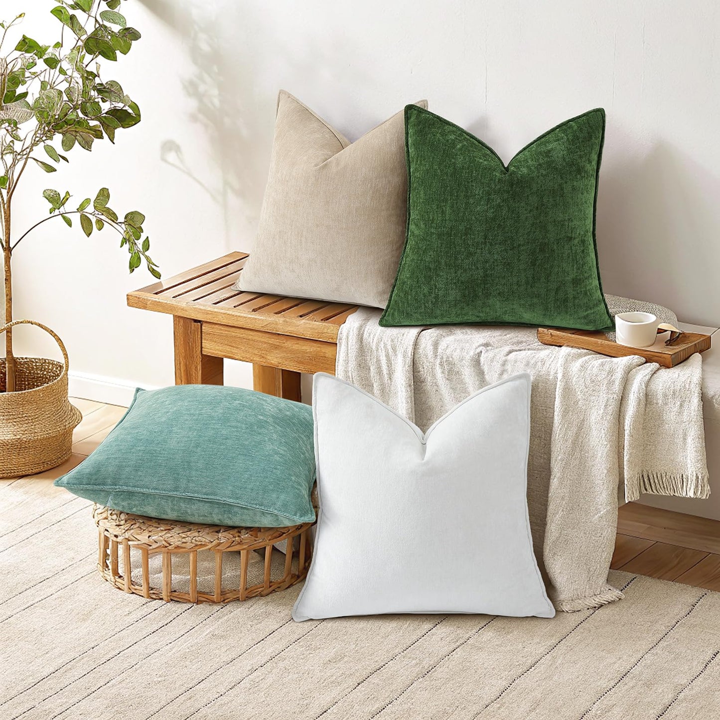 decorUhome Summer Couch Euro Sham Throw Pillow Covers 24x24 Set of 2, Decorative Soft Velvet Modern Cozy Chenille Pillow Cases with Elegant Design for Sofa Bed Living Room Home Decor, Cream White