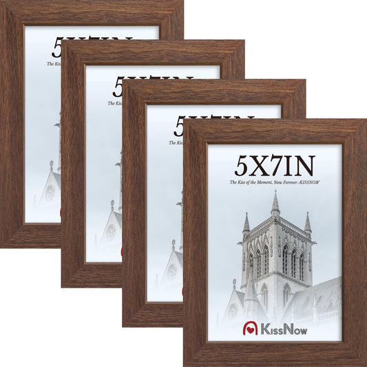 KissNow 5x7 Picture Frame 4 Pack, Brown Wood 7x5 Frame, Tempered Glass, Vertical or Horizontal Tabletop Display for Photos & Art Prints