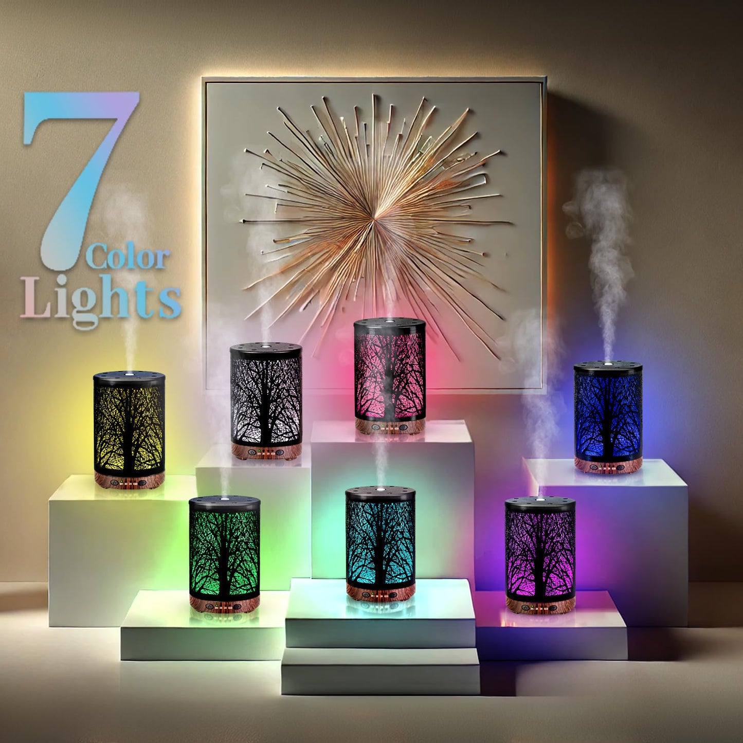 JOYOLO Essential Oil Diffuser 120ML Metal Aromatherapy Diffuser with Timer, Cool Mist Humidifier with Auto Shut-Off & 7 Color Lights for Home Office Spa (Tree)