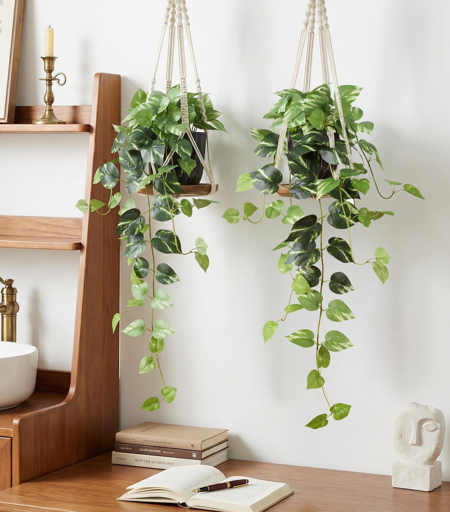 FancyPlus Fake Plants 2 Pcs Faux Pothos Plants Potted Indoor Artificial Hanging Plants Realistic Fake Greenery Table Desk Bathroom Office Bedroom Living Room Shelf Modern Farmhouse Decor Outdoor