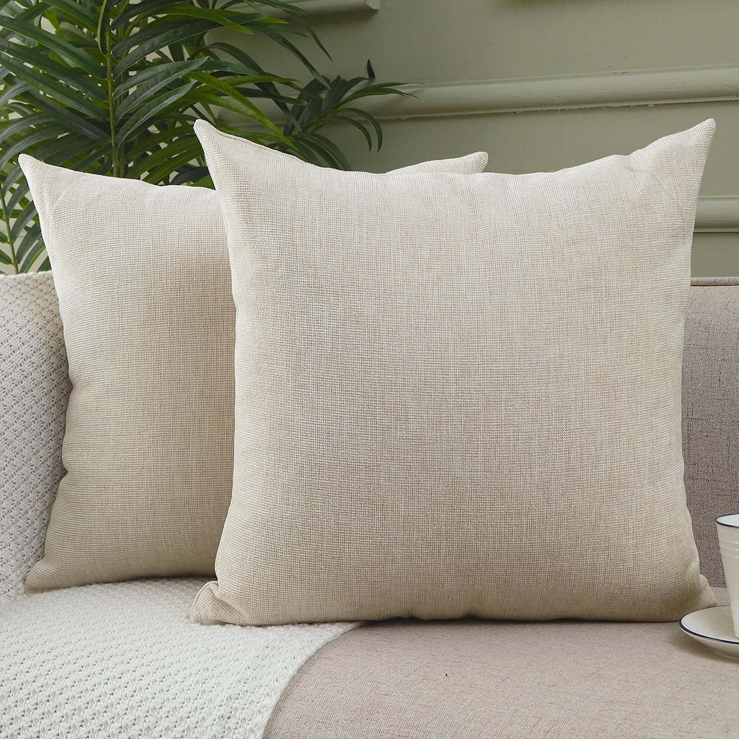 Jepeak 24x24 Inch Decorative Chenille Throw Pillow Covers, Pack of 2 Cozy Concise Pillow Cases Soft Farmhouse Modern Square Cushion Covers for Sofa Couch Bed Living Room Home Decor, Beige