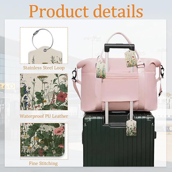 Floral Luggage Tags for Suitcases, 3 Pack Leather Bag Tag Identifiers with Stainless Steel Loop and Address Card for Men Women