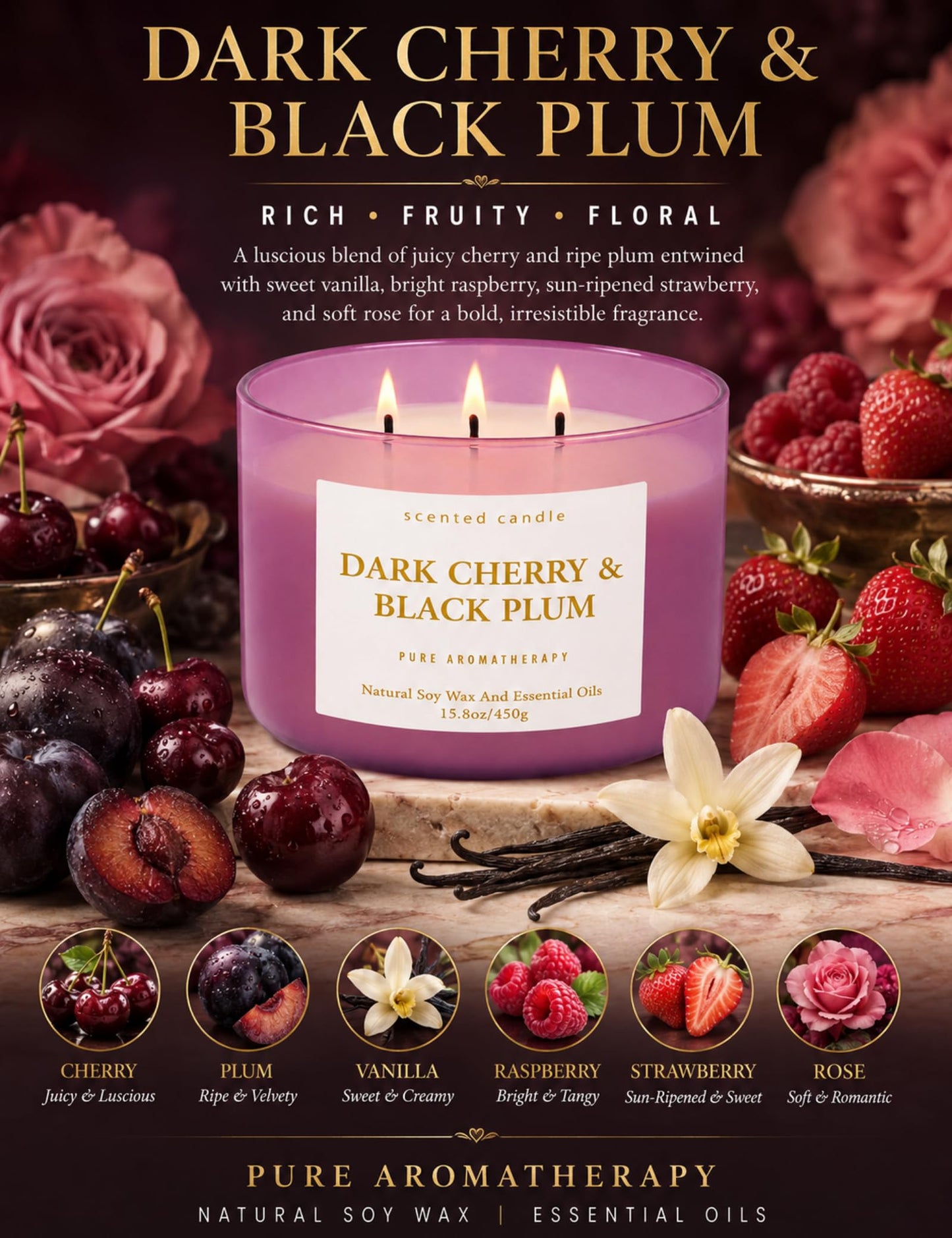 Dark Cherry Black Plum 3-Wick Soy Candle, 15.8 oz Scented Candle for Home