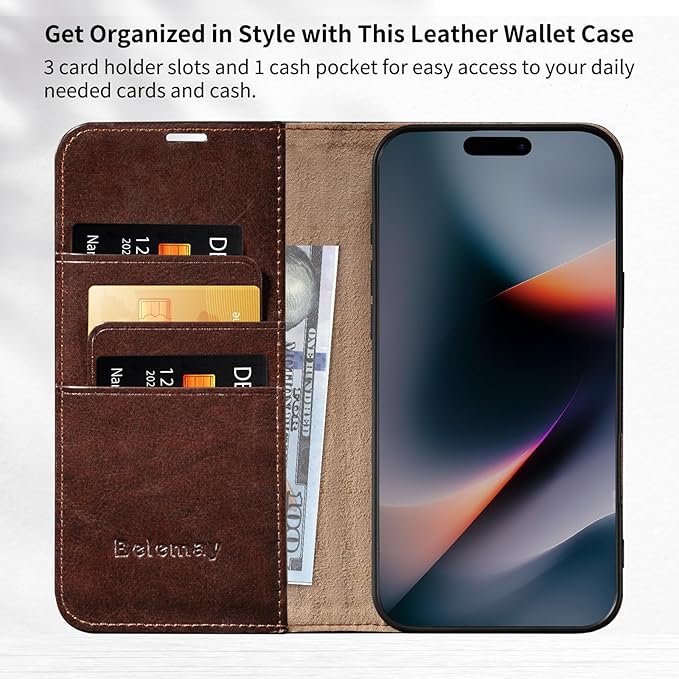 Belemay Leather Wallet Case Compatible with iPhone 17 Pro, Premium Cowhide Leather Two-Tone Effect, RFID Blocking Card Holders, Shockproof TPU Shell, Kickstand, Protective Flip Cover, 6.3", Brown