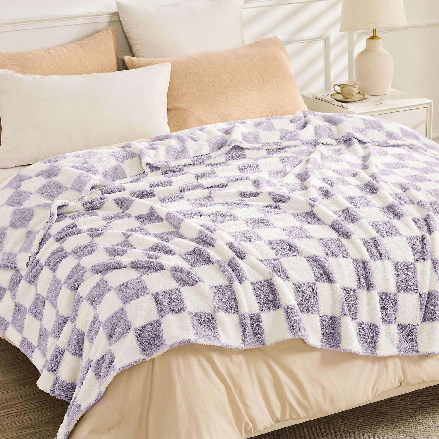 EMME Checkered Blanket Throw - 50"x60" Lavender Knit Blanket Soft Fluffy Patterned Throw Blankets for Couch, Sofa, Chair, Bed, Camping, Picnic, Travel