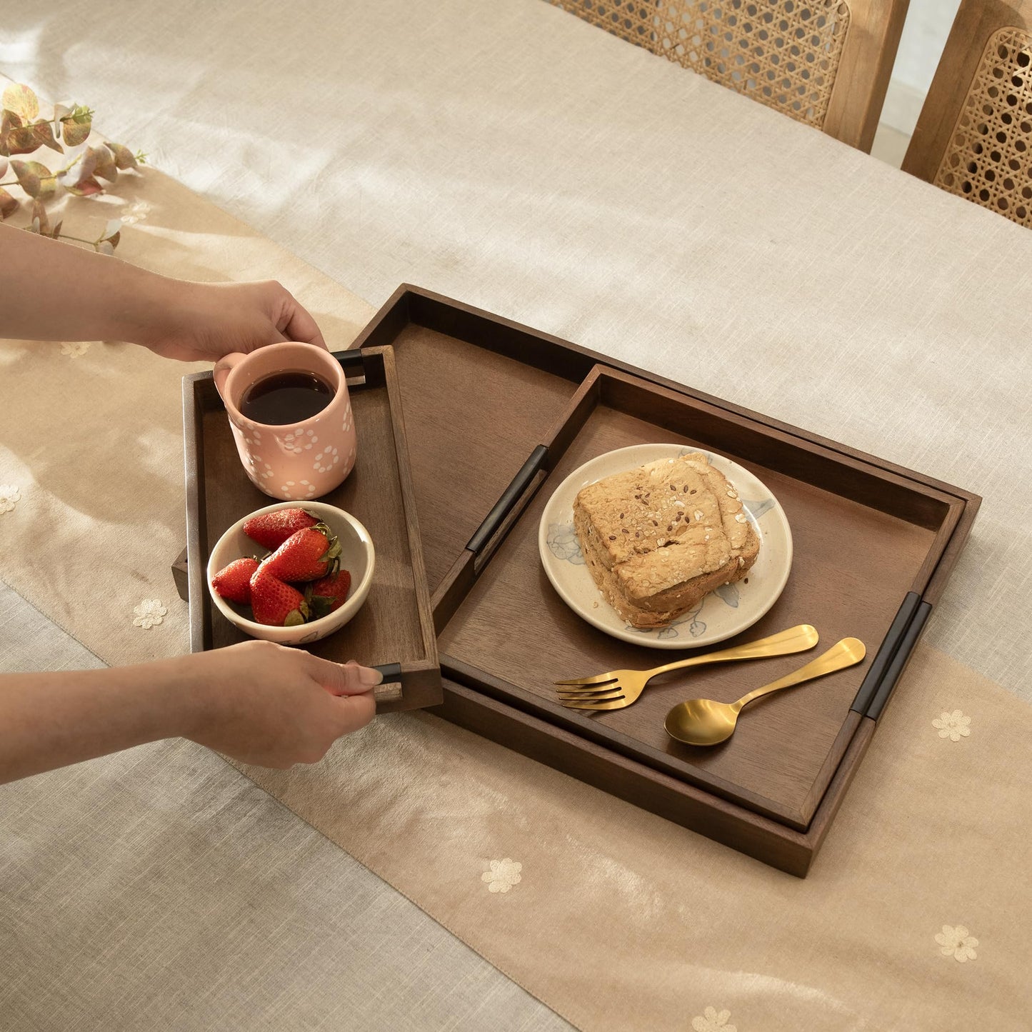 Ellementry Wooden Serving Tray Set – Decorative Tray for Coffee Table, Kitchen & Dining, Serving Platters, Breakfast & Snack Tray