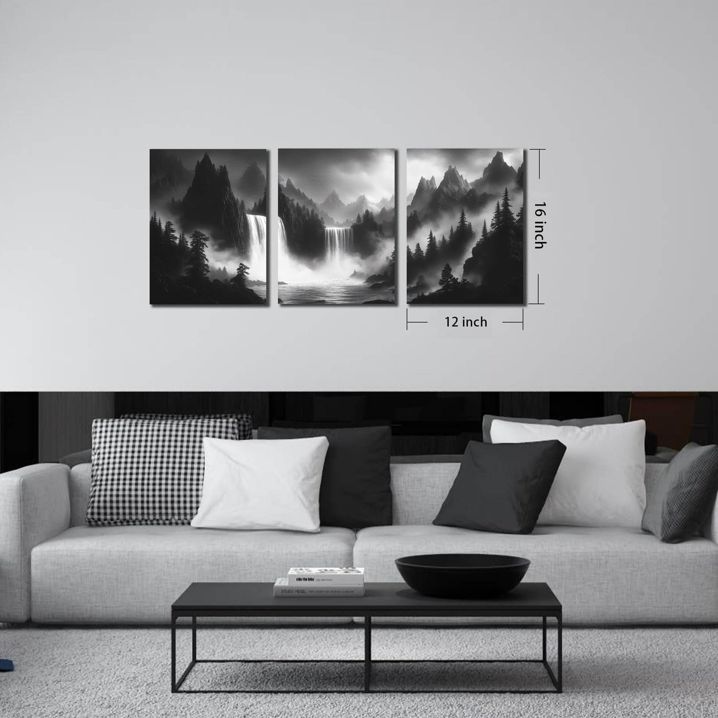 CIRABKY Foggy Forest Wall Art for Living Room - Mountains Canvas Wall Art for Office - Black and White 3 Piece Wall Decor Size 12" x 16"