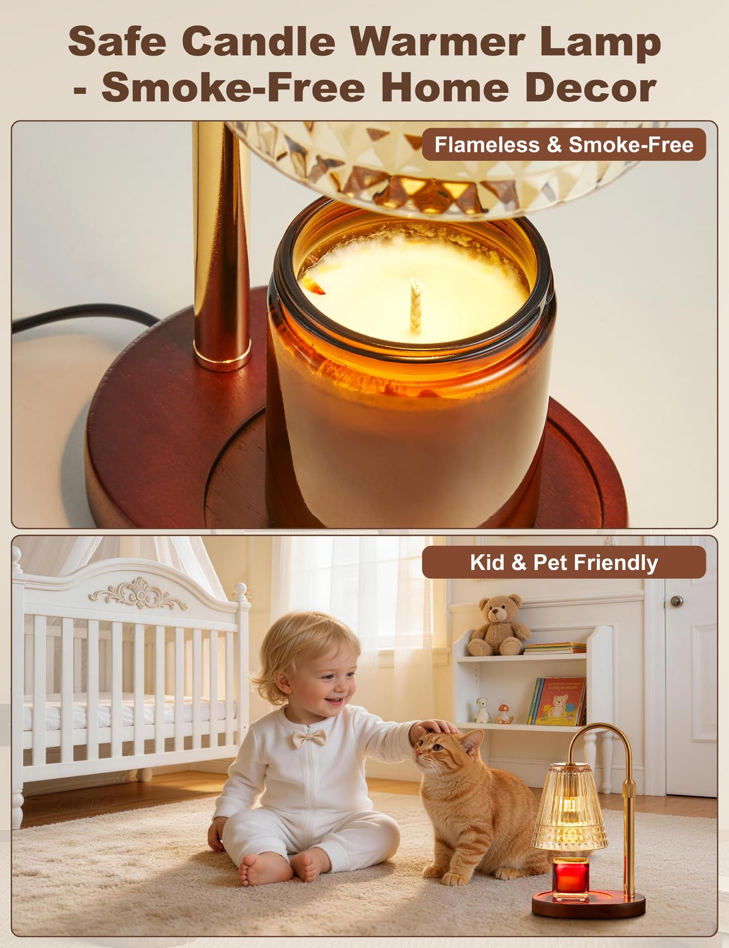 Candle Warmer Lamp with Dimmer & Timer，Adjustable Height for Jar Candles, Birthday Gifts for Mom Women Sister, Housewarming for New Home Decor, Wax Warmer for Jar Candles with 2 Bulbs (Amber-gold)