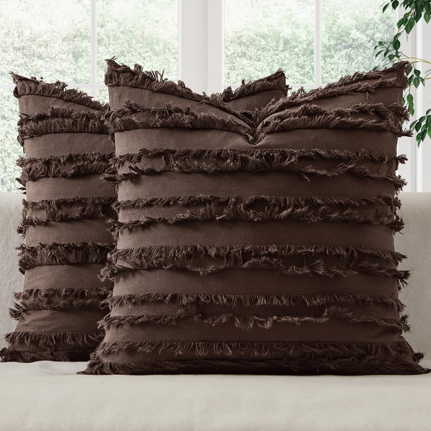 MIULEE Decorative Boho Throw Pillow Covers Set of 2 Dark Brown Chocolate Modern Linen Striped Jacquard Pattern Farmhouse Neutral Cushion Covers for Sofa Couch Living Room Bedroom 20x20 Inch Home Decor