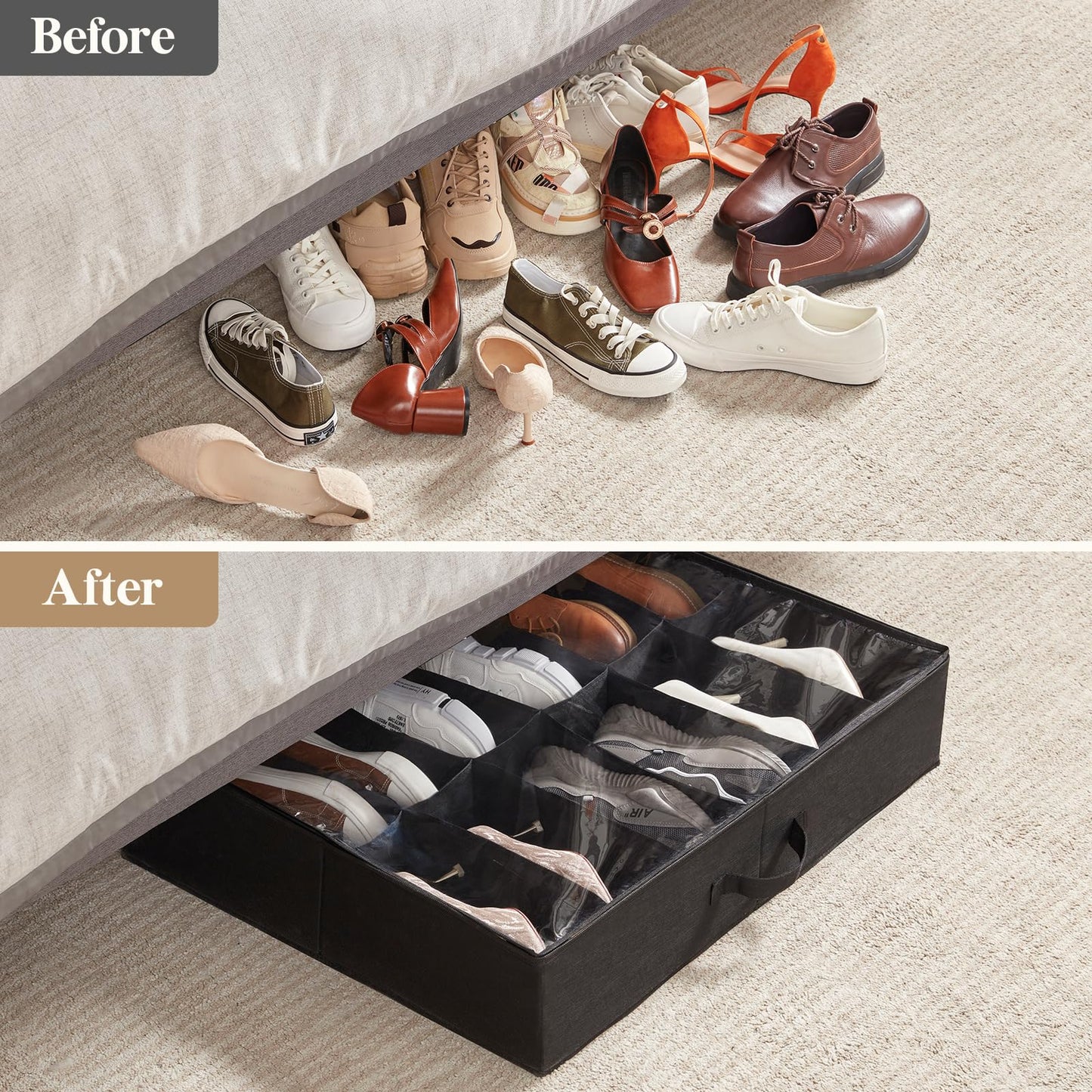Lifewit Under Bed Shoe Storage Organizer 2 Pack(14 Shoes Cells), 4.3 Inches Profile Fabric Shoes Container Box with Clear Cover, Foldable Storage Bag with 2 Handles, Fits 14 to 28 Pairs