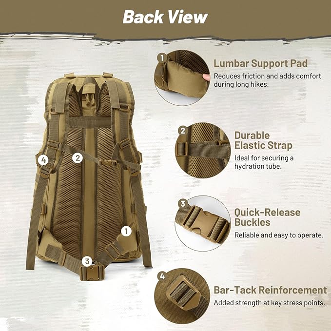 AUMENTAR 50L Tactical Backpack for Men and Women, Water-Resistant Molle Rucksack, Large Military Assault Pack for Hiking, Hunting, Camping, Gym & Outdoor Survival Khaki