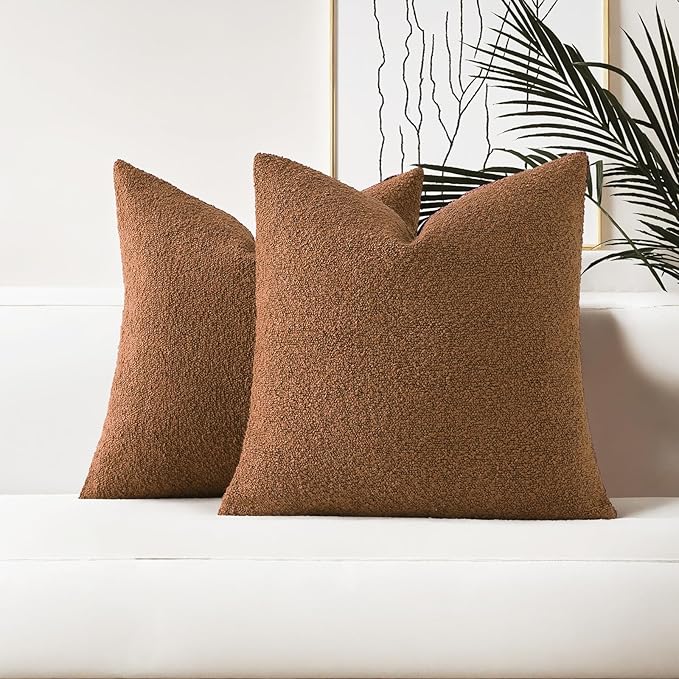 HAUSSY Set of 2 24x24 Decorative Throw Pillow Covers, Soft Cozy European Pillow Shams Textured Boucle, Home Decor for Couch Bed Living Room, Tobacco