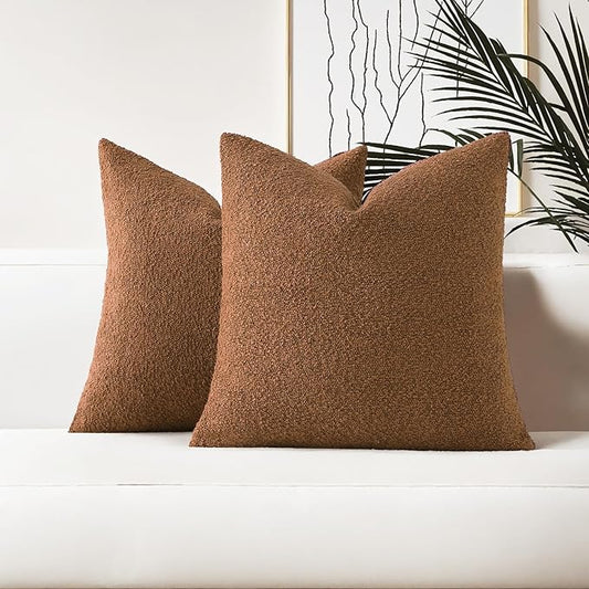 HAUSSY Set of 2 26x26 Decorative Throw Pillow Covers, Soft Cozy Euro Pillow Shams Textured Boucle, Home Decor for Couch Bed Living Room, Tobacco