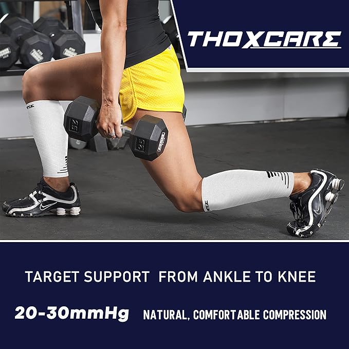 Thoxcare Calf Compression Sleeve for Men Women (1 Pair), Leg Support Footless Compression Socks for Running - Shin Splint Varicose Veins Swelling & Pain Relief, White/Black, Medium