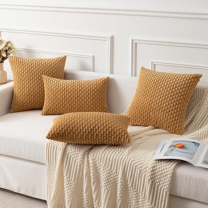 Kevin Textile Throw Pillow Covers Soft Corduroy Decorative Set of 2 Boho Striped Pillow Covers Pillowcases Farmhouse Home Decor for Couch Bed Sofa Living Room 24x24 Inch Gold