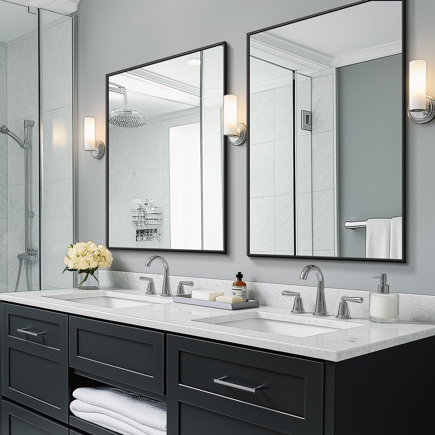 TRAHOME Bathroom Vanity Mirror for Wall, 2 Pack 36" x 24" Metal Framed Rectangular Bathroom Wall Mirror for Over Sink, HD Shatterproof Glass, Hangs Horizontally or Vertically(Black)