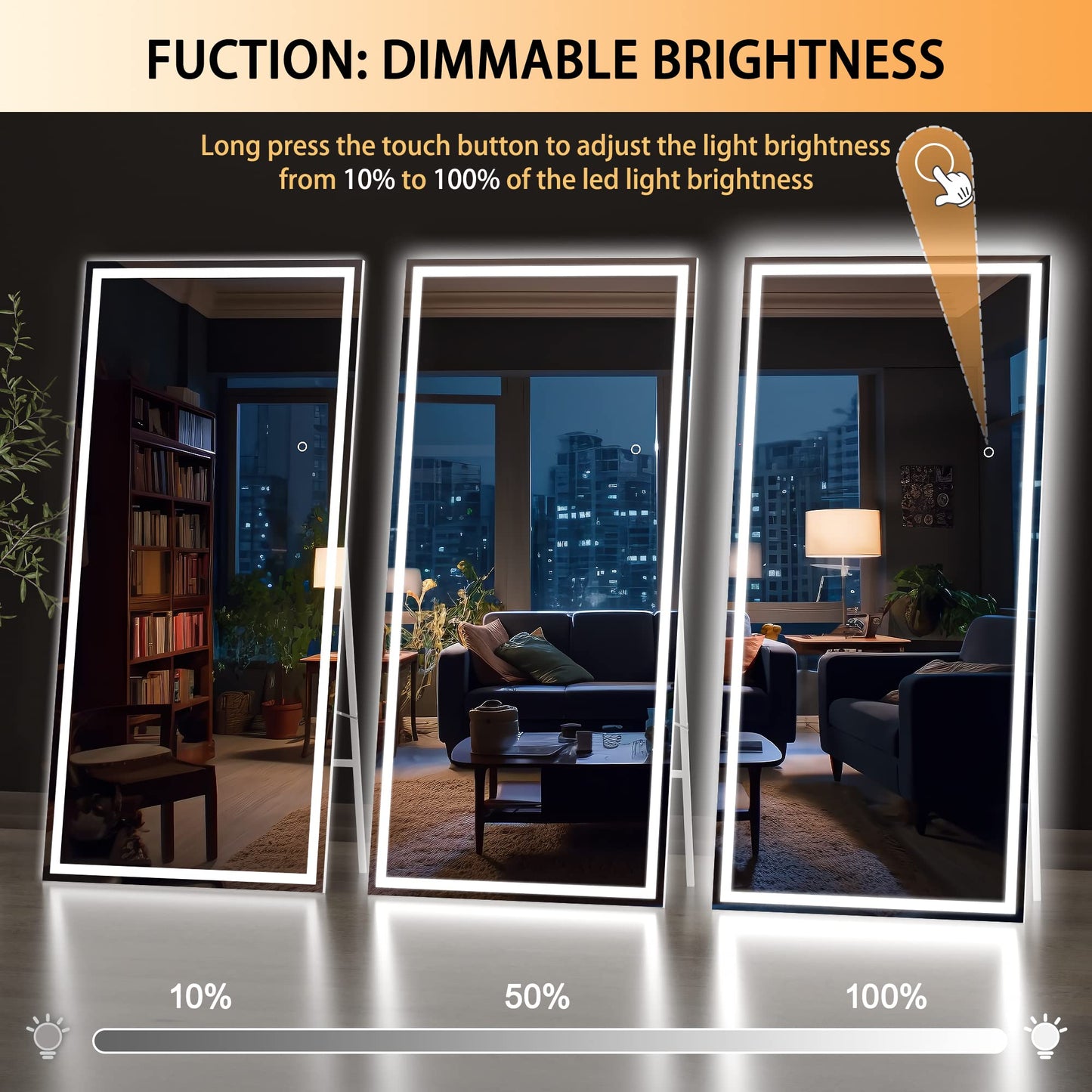 Hasipu Full Length Mirror with Lights, 71" x 32" LED Lighted Floor Standing, Full Body Dressing Hanging Mounted Mirror, Tempered Glass, Square White