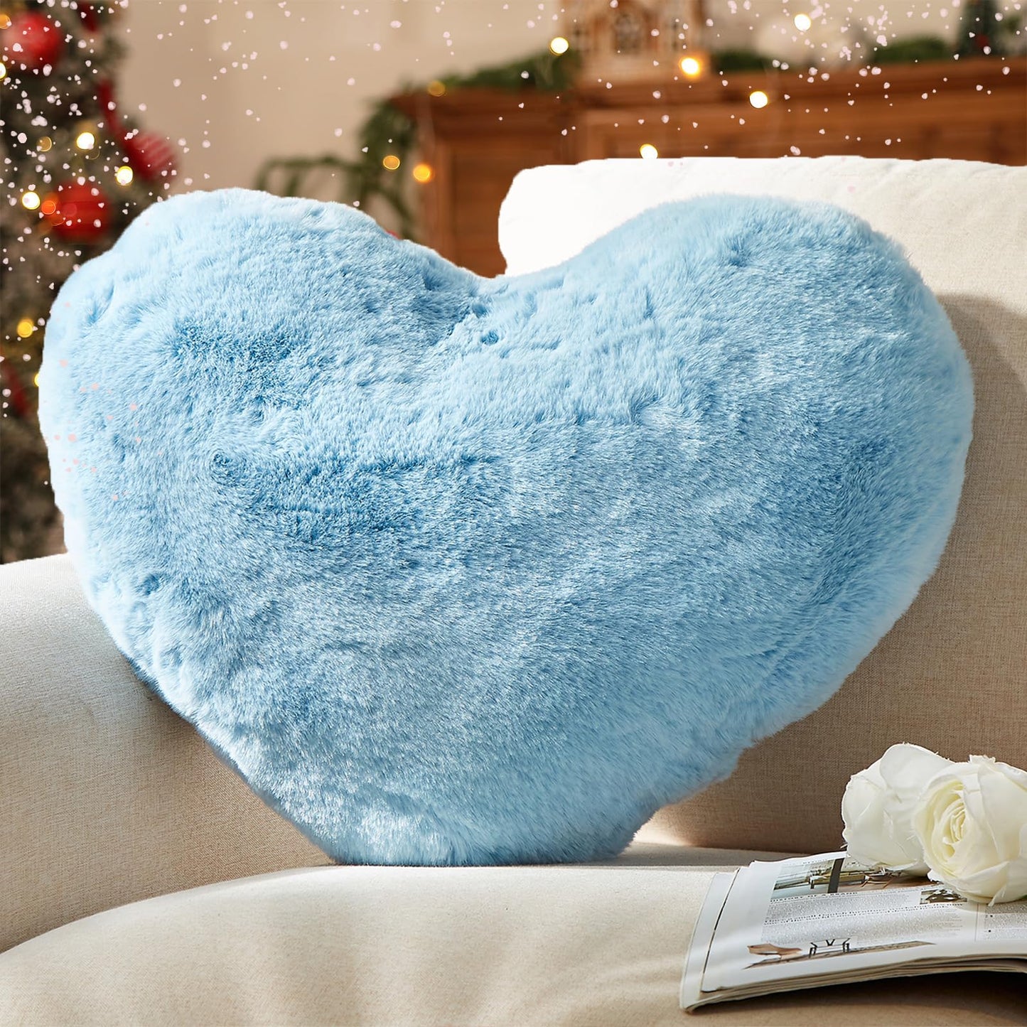 YRXRUS Heart Pillows, Love Heart Shaped Pillow, Small Cute Blue Heart Pillows for Gifts, Faux Rabbit Throw Pillows for Her, Kids, Girls Home Decoration, 10X11 Inch