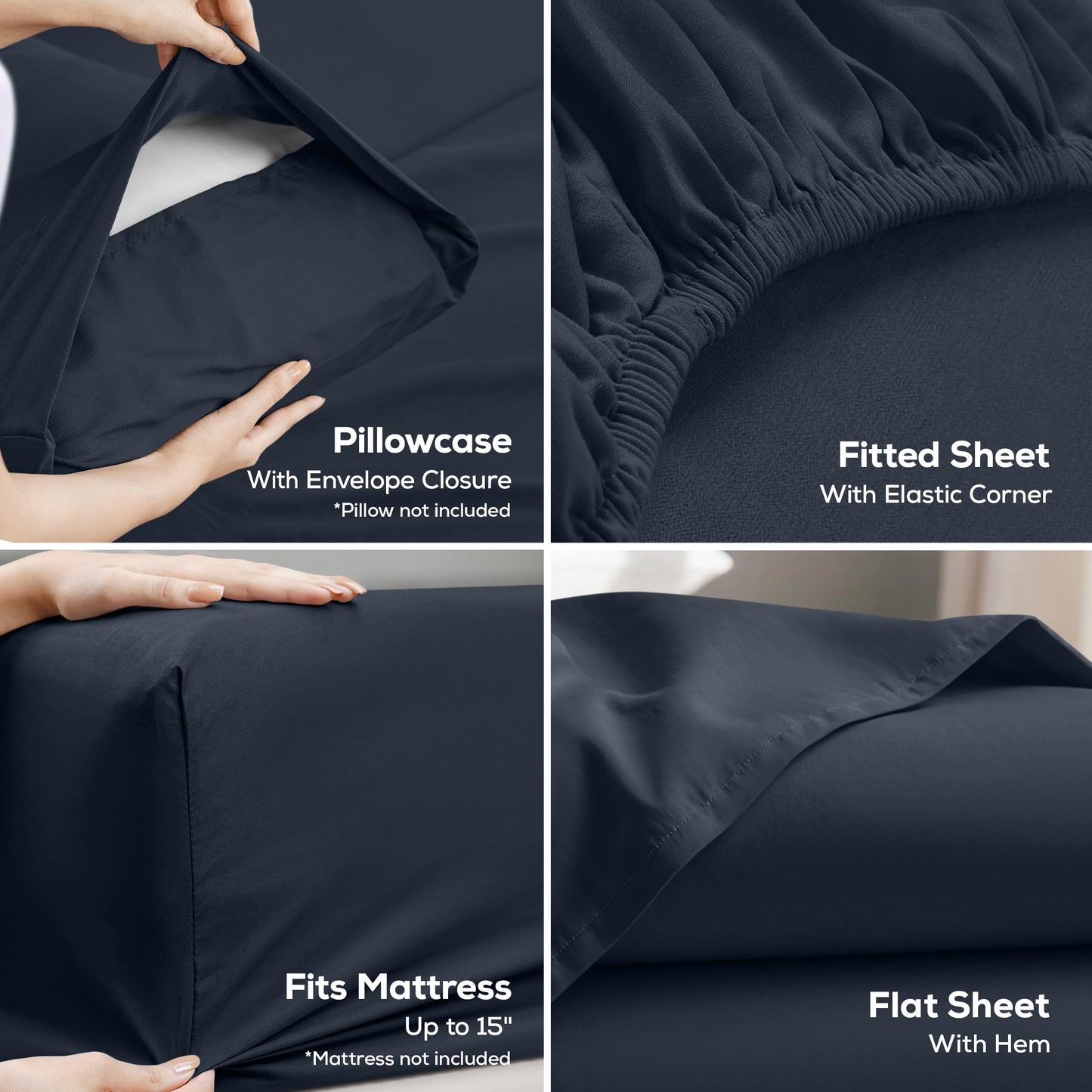 Queen Size Sheet Set – 4 Piece Bed Sheets, Soft and Breathable Microfiber, Includes 1 Fitted Sheet, 1 Flat Sheet and 2 Pillowcases – Oeko Tex (Navy)