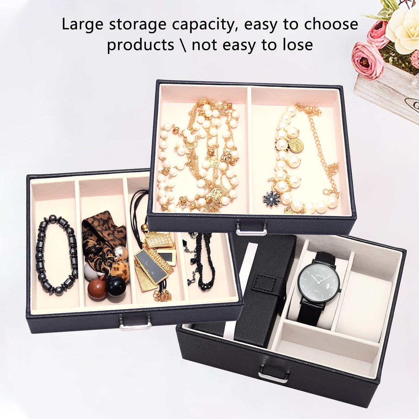 TORIBIO Huge Jewelry Box Leather Jewelry Organizer/Case for Women Girls Ring Necklace Earring Bracelet Holder Black