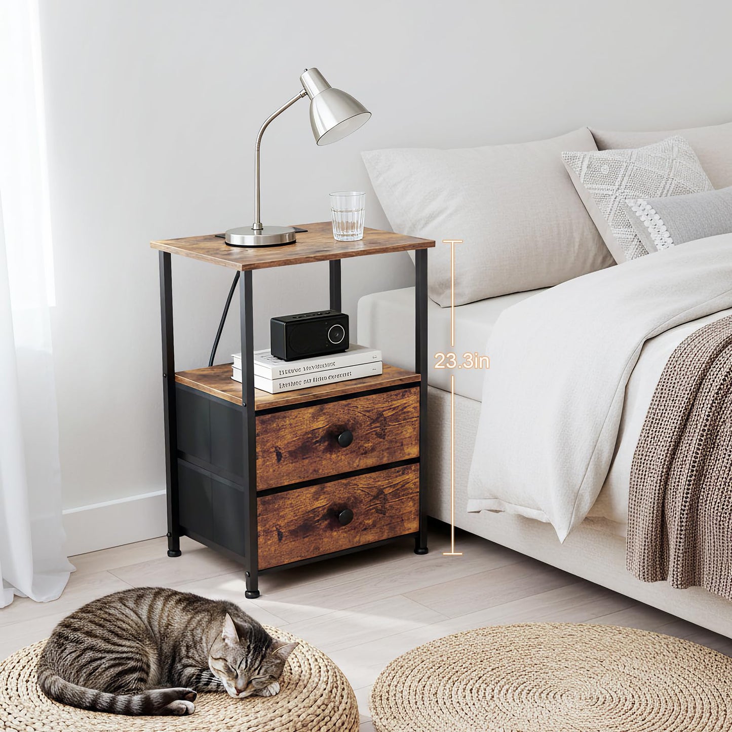 LOAKEKEL Nightstands Set of 2, Night Stand with Charging Station, End Tables with Storage Shelf for Small Spaces, Bedside Table with 2 Fabric Drawers for Bedroom, Rustic Brown, HETS020PBR