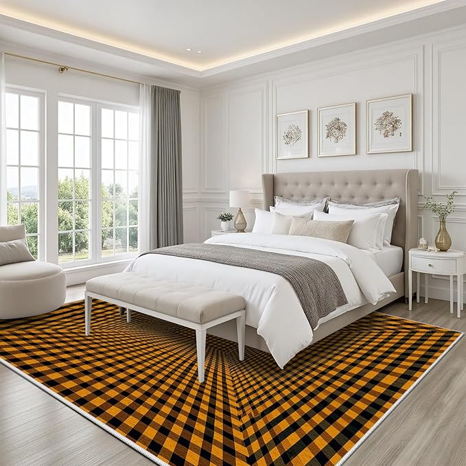 3D Rugs Optical Illusion - Plaid Rug 4x5, Geometric Stripes Soft Neutral Indoor Floor Mats Carpet, Non-Slip Stain Resistant Modern Orange Rug for Bedroom, Living Room Rugs