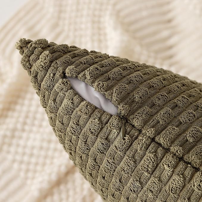 Kevin Textile Pack of 2 Corduroy Decorative Throw Pillow Covers 12x20 Inch Soft Boho Striped Pillow Covers Modern Farmhouse Home Decor for Sofa Living Room Couch Bed Olive Green