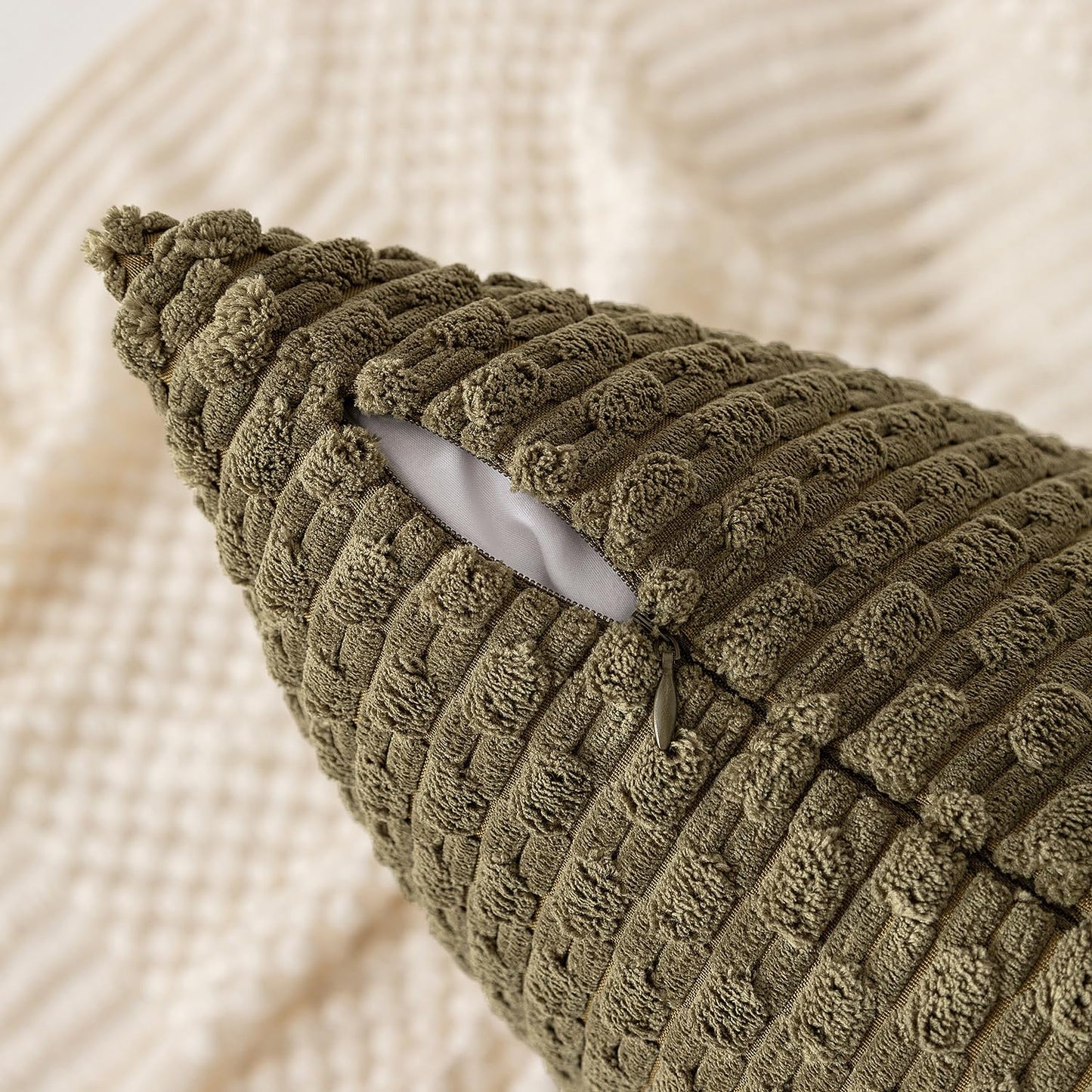 Kevin Textile Pack of 2 Corduroy Decorative Throw Pillow Covers 22x22 Inch Soft Boho Striped Pillow Covers Modern Farmhouse Home Decor for Spring Sofa Living Room Couch Bed Olive Green