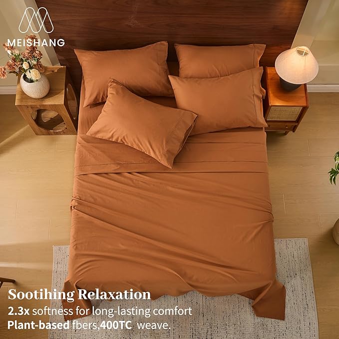 MEISHANG 100% French Pure Linen Sheets King Size - 6 PC Extra Deep Pocket Sheet Set, Soft Durable Flax Linen, Anti-Tear Breathable & Oeko-Tex Certified 18-24 Deep Pocket,All Season(Orange)
