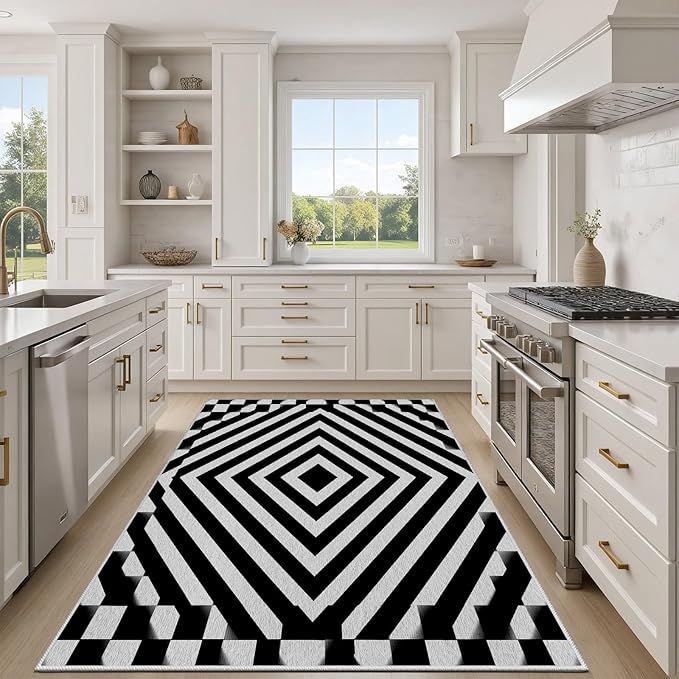 Black and White Rug 6x8, Checkered Soft Thin Indoor Floor Mats Carpet, Non-Slip Stain Resistant Washable Rugs, Modern Rhombus Geometric Rugs for Living Room, Farmhouse Rug