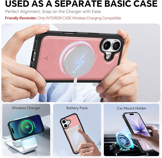 TUCCH 2-in-1 Detachable Wallet Case for iPhone 17 (6.3-inch) 2025, RFID Blocking 4 Card Slots, Wireless Charging, Wrist Strap, Kickstand, Magnetic, PU Leather, Protective Flip Cover, Rose Gold