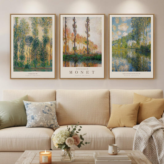 Large Framed Claude Monet Landscape Wall Art for Living Room, 3 Piece Impressionist Vintage Nature Prints Paintings, Green Tree Canvas Pictures Artwork Decor for Bedroom Entryway 16x24 Inch