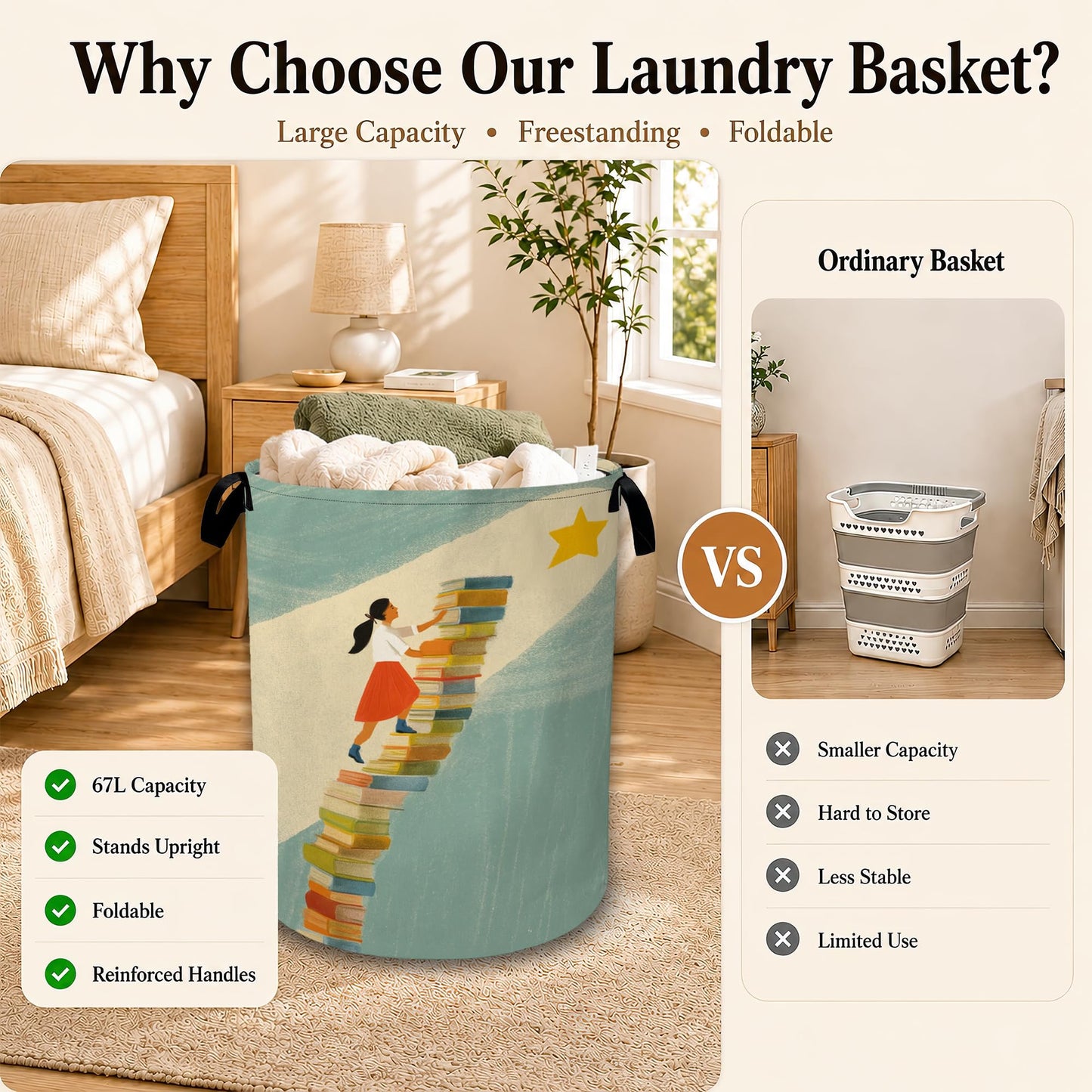 Dream Stairway Large Clothes Hamper, Portable Collapsible Laundry Basket with Handles, Freestanding Storage Bin for Bedroom Bathroom Dorm Laundry Room